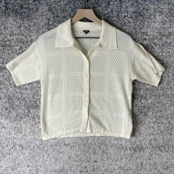 Monrow Cardigan Womens XS Ivory Pointelle Open Knit Button Front Short Sleeve - Picture 1 of 7